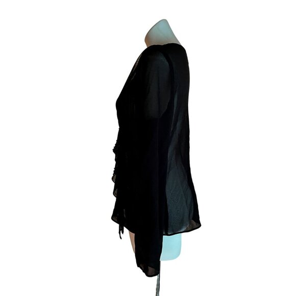Elegant Vintage 90s Sheer Black Cocktail Jacket Beaded Ruffle Front Long Sleeve - Picture 5 of 8